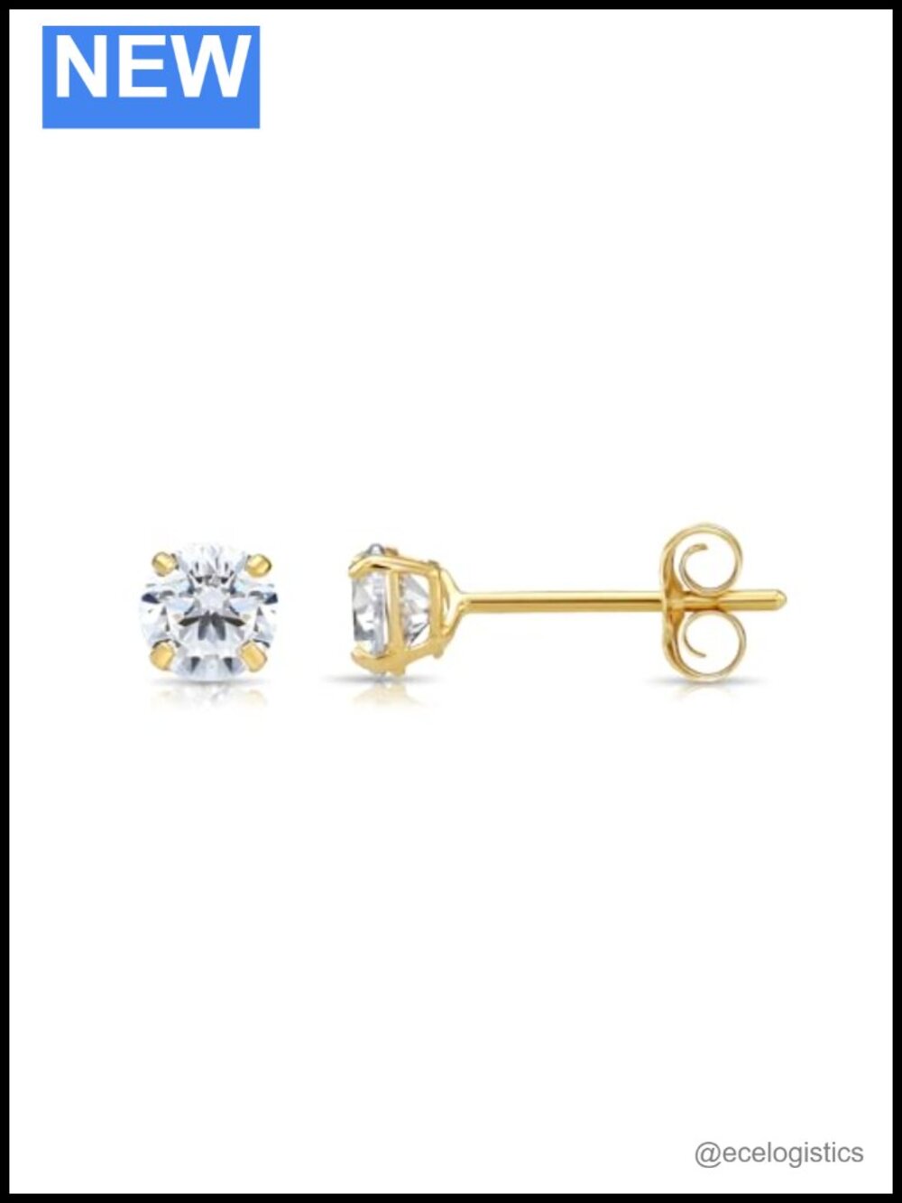 10K Solid Yellow Gold Round CZ Solitaire Stud Earrings Push-Back Unisex